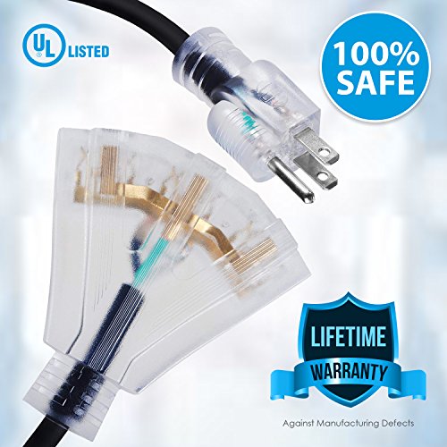 Terrabloom 50 Ft 16/3 Outdoor Extension Cord - Sjeow Rubber, Flexible, Triple Outlet, Black Wire With Live Power Light Indicator. 13 Amp #TOP5