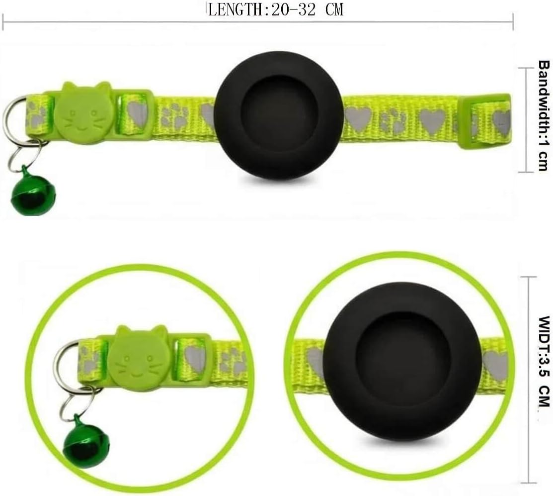 Reflective Cat Collar with Device Mount Breakaway Safety Buckle & 360°Night Visibility Waterproof Silicone Case Adjustable Silk-Polyester Band Anti-Choking Design for Small/Medium Cats Green