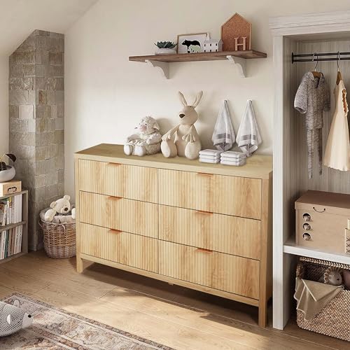 XUZENEST Fluted 6 Drawer Double Dresser for Bedroom, 47" Wide Modern Closet Dressers Chest of Drawers, Wood Storage Dresser Organizer for Nursery Bedroom Living Room Hallway Closet,Natural - Image 5