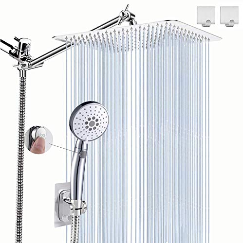 Shower Head Combo, 10'' High Pressure Rainfall Shower Head / 3 Settings Button Handheld Showerhead Combo with Extension Arm, Shower Holder/78'' Hose, Chrome (square) Shower Head Combo, 10'' High Pressure Rainfall Shower Head / 3 Settings Button Handheld Showerhead Combo with Extension Arm, Shower Holder/78'' Hose, Chrome (square)