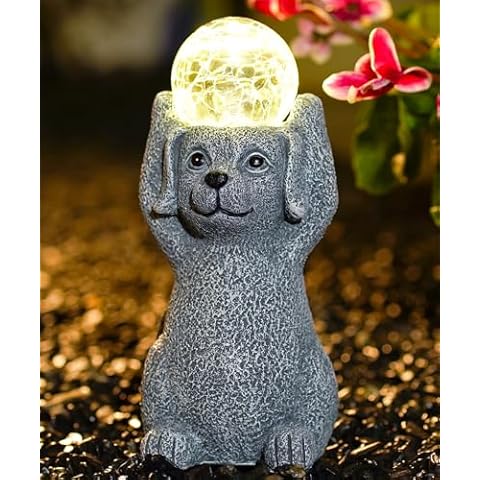 Fashionoda Solar Cute Dog Statue Holding Cracked Glass LED Lights – Funny Resin Dog Decor Garden Decorations for Patio,Balcony,Yard,Birthday Gifts for Women Mom Cover
