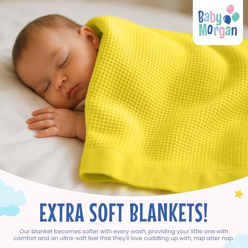 Image of Blankets Thermal Waffle Baby Blanket Crib Bedding - Soft Cozy Warm Infant Thermal Cover for Nursery Stroller or Bassinet, Lightweight Ideal Shower Gift, Nylon Trim Yellow 36 inch x 50 inch