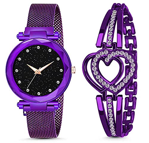 SWADESI STUFF Multicolor Metal Strap Magnet Analogue Watch & Heart Shape Diamond Bracelet Combo For Women & Girls (Purple) (B097TDB341) Amazon Price History, Amazon Price Tracker