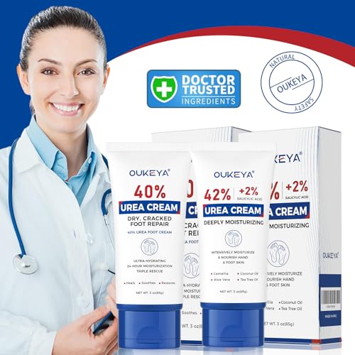 OUKEYA Krem do Stóp 40% Urea & Krem 42% Urea + 2% SA, Intensywna Regeneracja dla Suchej i Popękanej Skóry Stóp, Pięt i Dłoni, Złuszczający i Głęboko Nawilżający, 2x85g