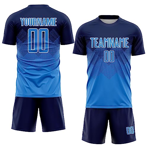 Personalised Blue and Navy Gradient Football Jerseys Sports Outfits Team Kits Printed Number Logo Name, Custom Football T-Shirts and Shorts Set for Men Women Youth Boys Girls, Pockets Design