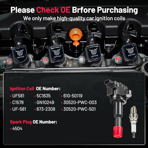 BDFHYK Ignition Coil Pack UF581 and Iridium Spark Plugs 4504 Compatible with Honda 2007 2008 Fit 1.5L L4 Naturally Aspirated C1578 5C1635 30520-PWC-501, Sets of 4 by BDFHYK - Used condition - Image 5