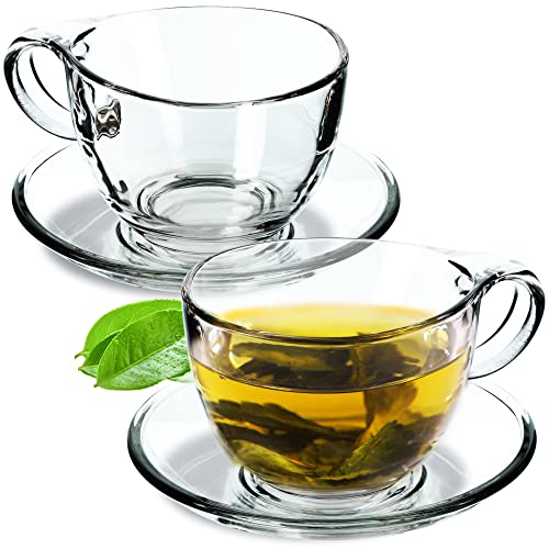 KADAX Kaffeetassen Set, 250ml, Teegläser mit Untertassen und Henkel, Tassen aus Glas für Kaffee, Tee, Cappuccino, Kaffeebecher, Teetassen (Lea, 2 Stück)