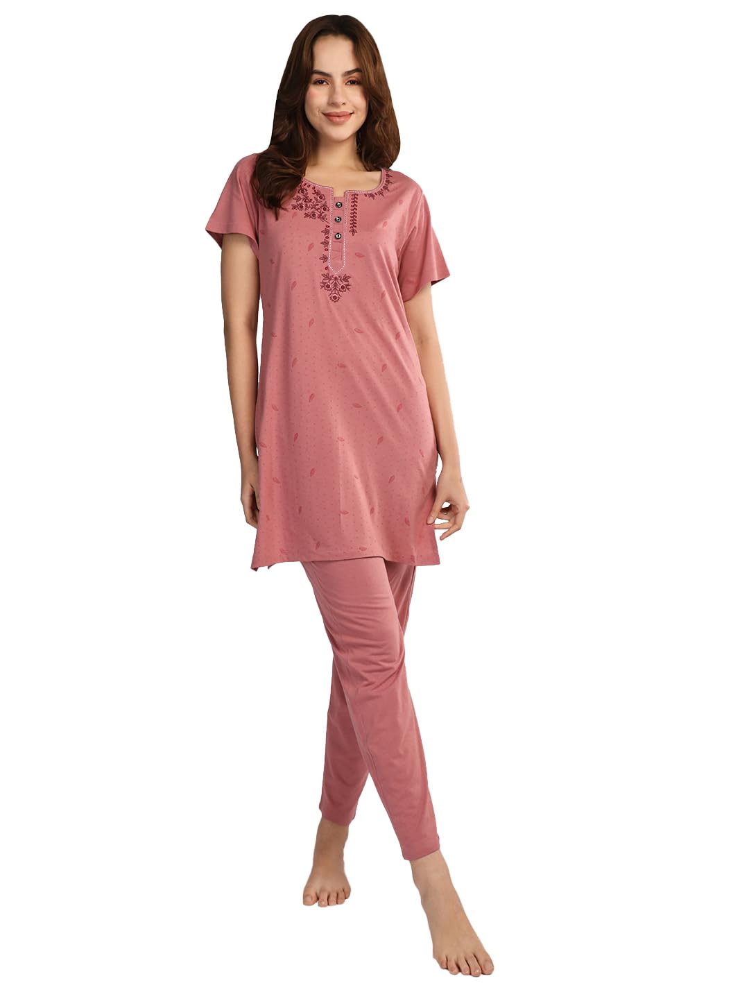 Women's Cotton Printed & Embroided Long Length Night Suit Set