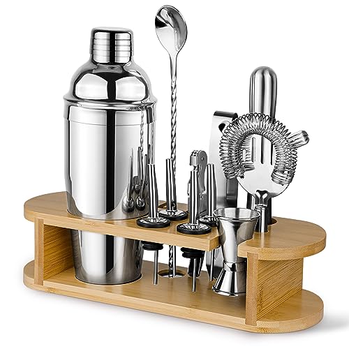 Cocktail Shaker Set with Stand, 12 Piece Bartender Kit Stainless Steel Bar Tools Set with All Bar Accessories, Home Drink Mixer Set with Martini Shaker Jigger Muddler Strainer Liquor Pourers