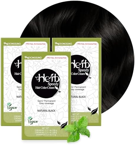 Dongsung Herb Speedy Color Cream(Natural Black 3Pack)– Korean Herbal Vegan Hair Dye PPD-Free Ammonia-Free Hypoallergenic 100% Gray Coverage Odorless Dermatologically Tested Quick 20-Minute Application