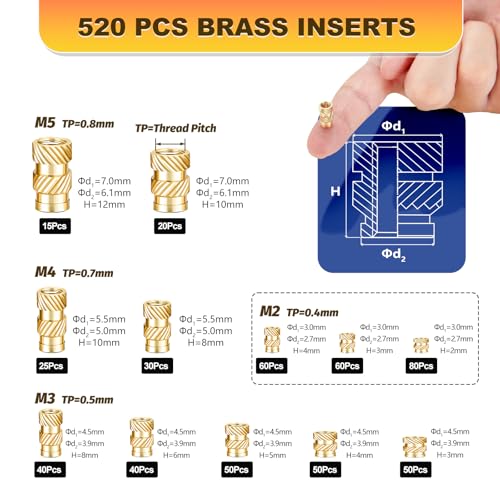 Image of Professional Heat Set Insert Tool Kit: 80W Soldering Iron Heat Insert Tool with 520pcs Brass Inserts & Heat Set Insert Tips (M2-M8) for 3D Printing