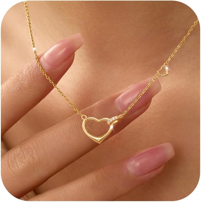 Dainty Heart Interlocking Circles Necklaces for Women 925 Sterling Silver Cute Double Heart Pendant Necklace to Daughter 14K Gold Plated CZ Circle Intertwine Love Charm Chain Birthday Wedding Jewelry