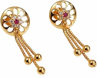 Gold Plated Floral Stud Earrings with Ruby Color Stone & CZ Diamond Look, Elegant Dangle Drop Earrings for Women & Girls |... Price In India