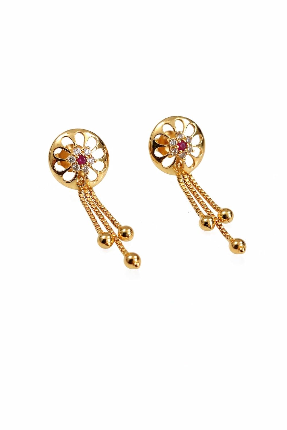 Gold Plated Floral Stud Earrings with Ruby Color Stone & CZ Diamond Look, Elegant Dangle Drop Earrings for Women & Girls |... - Review, Price and Buying Guide