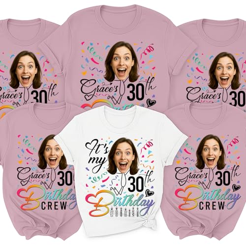 Custom Birthday Crew Squad Matching Shirts Custom Face Photo Name Age – Funny Matching Family Friends Birthday Party Group Shirts for Men Women Kids Boys Girls Teen Personalized Customizable Shirt
