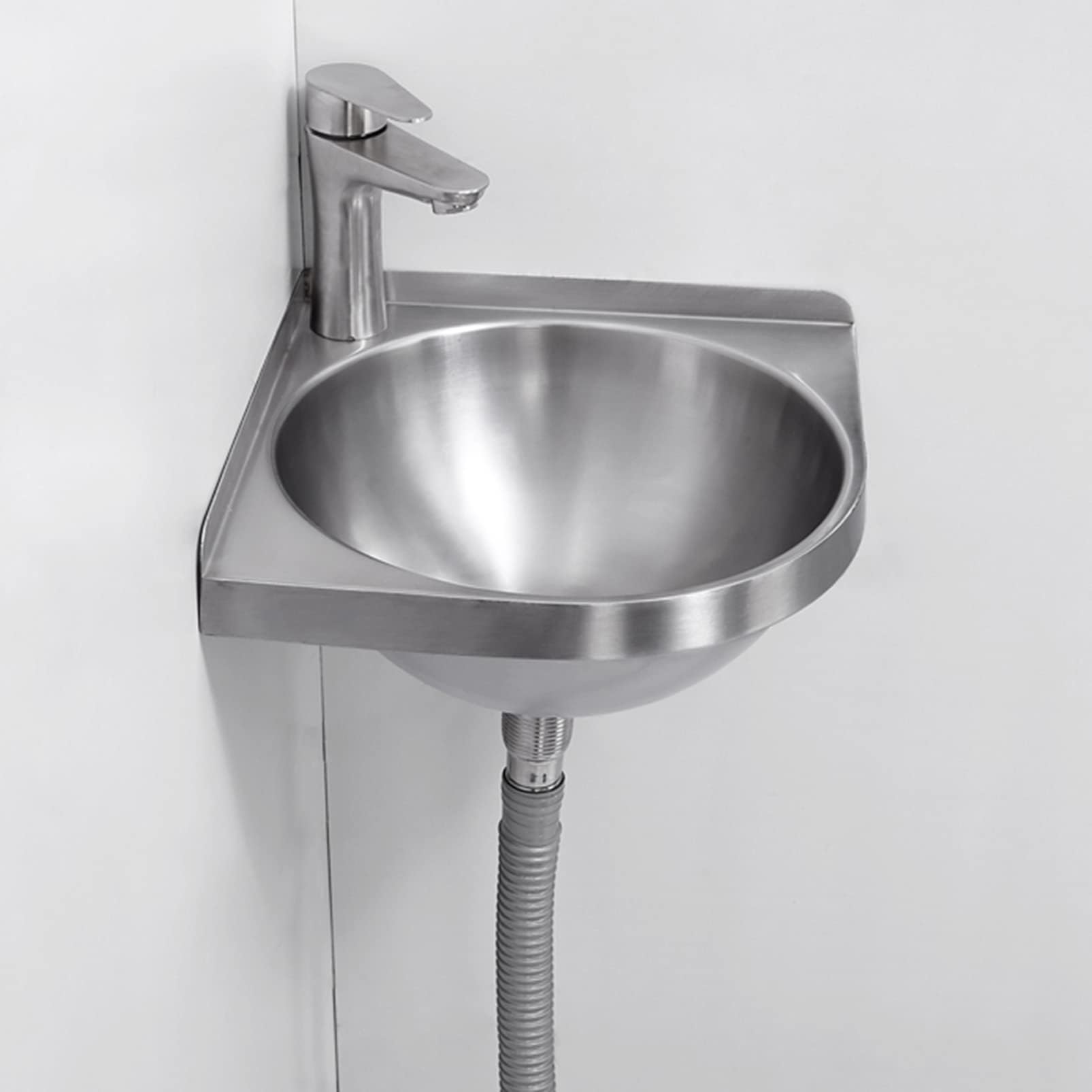 Small Corner Vanity Sink Wall Mount Hand Washing Basin, Stainless Steel Prep Sink Set Commercial Utility Sink, Bathroom Vessel Sink w/Faucet and Drain Combo, Kitchen/Lavatory/Outdoor Sink Statio