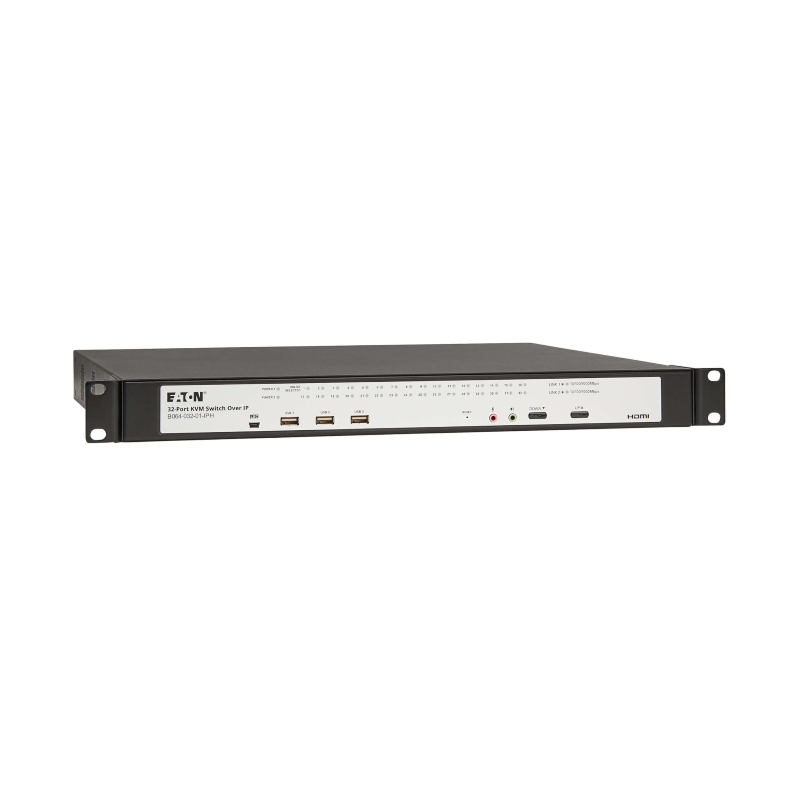 Eaton 32-Port Rack KVM Over IP Switch, Cat5/Cat5e, Virtual Media Connection, 1 Remote/1 Local User, Free Software, VGA or HDMI KVM, 1U Rackmount, TAA Compliant, 3-Year Warranty (B064-032-01-IPH)