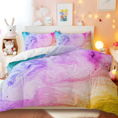BlessLiving - Juego de ropa de cama de mármol de colores rosa pastel azul púrpura funda de edredón juego de cama de arte abstracto de mármol 3 piezas de colchas brillantes para niña, Rosa, suelto