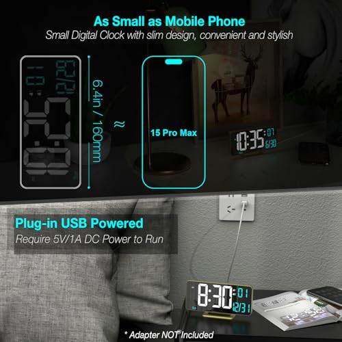 Image of KOSUMOSU Dual Alarm Clock 6.7in Gold Desk Clock with Dimming, 12 /24h, Seconds, Date, Day of Week, Temp, Digital LED Clock for Bedroom, Digital Calendar Clocks for Living Room Gold Desk Accessories