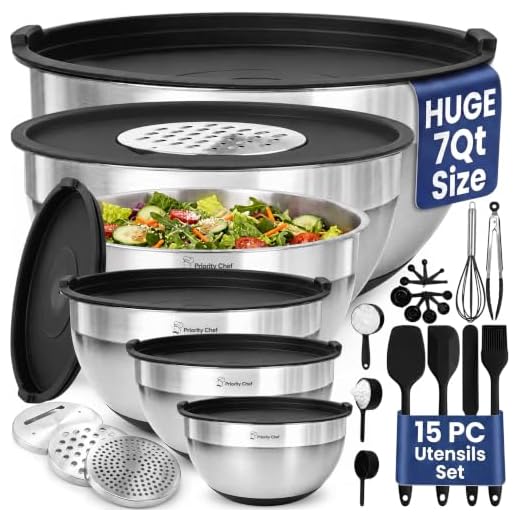 Priority Chef 6Pc Stainless Steel Mixing Bowls with Lids Set, Huge 7 Qrt Size Metal Bowl Set for Kitchen, 3 Graters, Non-Slip Bases & Silicone Utensils Set, Black