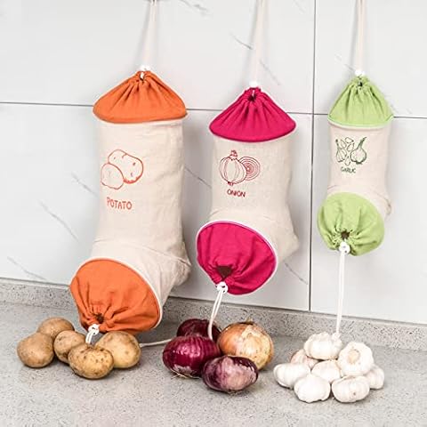 Upgraded Set of 3 Reusable Hanging Vegetable Storage and Dispenser Bags, Dual Drawstring Closures with Cord Lock, Potato Bag, Onion Bag, Garlic Bag Cover