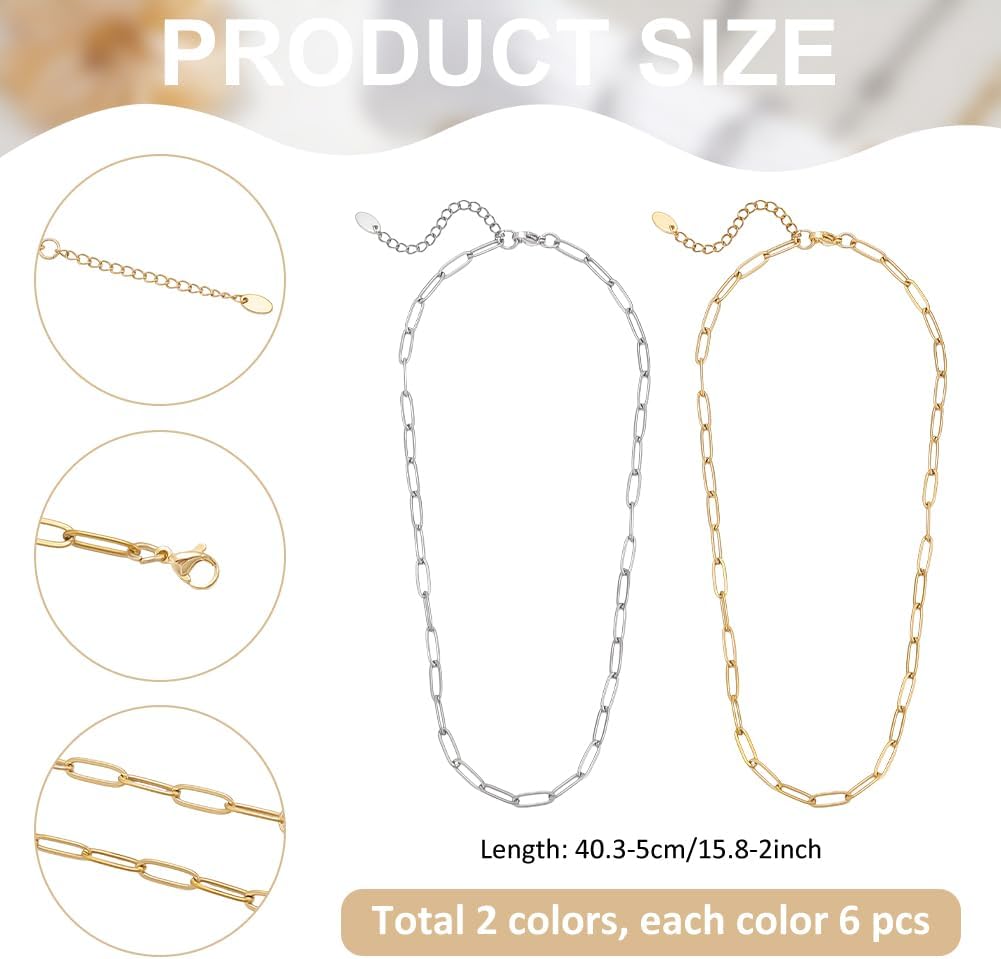WADORN 12Pcs 2 Colors 304 Stainless Steel Paperclip Chains Necklaces, 15.8 inch Adjustable Link Necklace Bulk Soldered Cable Long Craft Chain for Jewelry Making DIY Craft Bracelet Ankle - Image 2