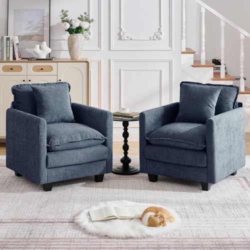 Image of Cloud 2 Pieces Sofa Set, Single Couch Set of 2 with Throw Pillow, Modern 1 Seater Reading Chair with Deep Seat, Accent Chairs for Living Room, Bedroom, Small Apartment, Blue