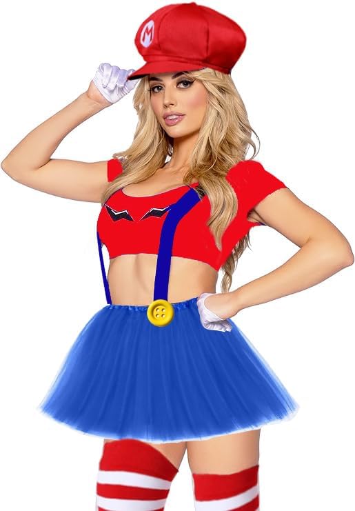 Miniatura 6 de Disfraz de Mary y Luigi para adultos, niños, sombreros rojos y verdes de Super Bros, bigote, guantes, calcetines, vestido azul, accesorios de