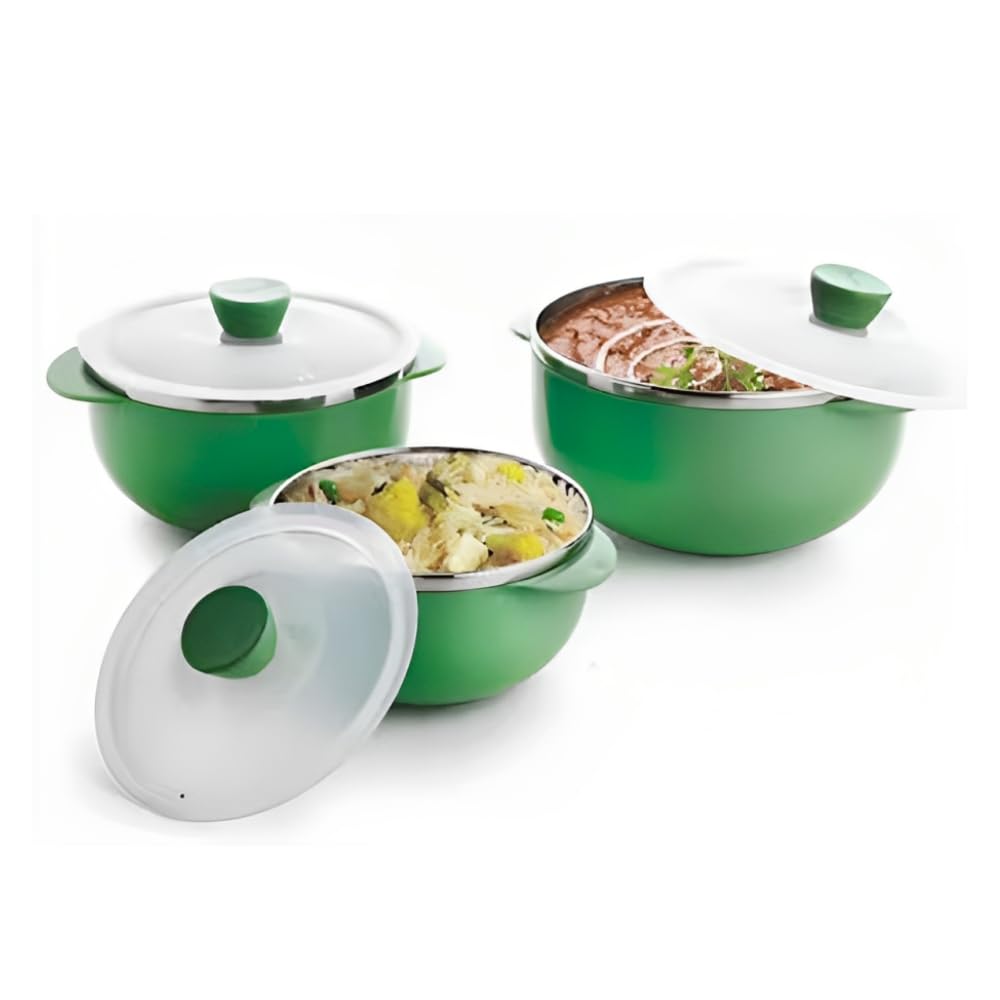 VPP Microwave Safe Stainless Steel Serving Bowl (1000ml,1400ml,2200ml) - 3 pcs Set Green Color