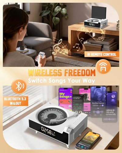 Qobayleo 9-in-1 Portable Retro CD Player for Home with Built-in Hi-Fi Dual Stereo Speakers, Bluetooth, FM Radio, Remote Control & Timer, LED Display, Support USB/AUX/Type-C, Festival Gift, White — view 3