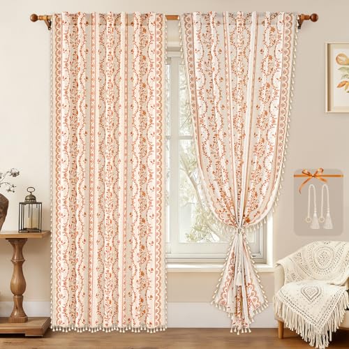 Image of Yinhua Boho Curtains for Living Room 84 Inch Length Vintage Linen Curtains for Bedroom Light Filtering Floral Window Curtain Rod Pocket & Back Tabs Rustic Tassel Drapes with Tiebacks, White Orange