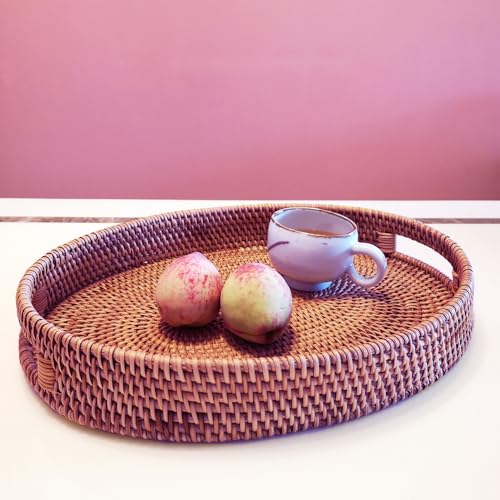 i-lan Dark Brown Oval Rattan X-Large Serving Tray for Fruit,Breakfast,Drinks,17 Inch Ottoman Wicker Woven Serving Basket Tray with Handle and 2.5" High Wall by i-lan - Image 6