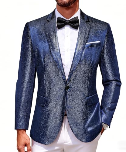Barry.Wang Glitter Velvet Navy Blue Blazer Men Shiny Suit Notch Lapel Jacket Sport Coat Disco Bash Stage Cruise Nightclub Cocktail