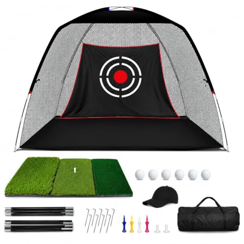Kapler Golf Net: Durable 10X7FT Practice Net with Mat for Garden Driving Portable Golf Chipping Hitting Training Stimulator with Balls Tees and Cap