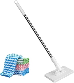 No Wash Lazy Mop Clip On, Snap-Grip Mini Mop with 4 Cloths, Dust Mops with 100cm Long Handle, Wet and Dry Cleaning Tools for Car Home Kitchen Bathroom Hotel Office Apartment Must Haves
