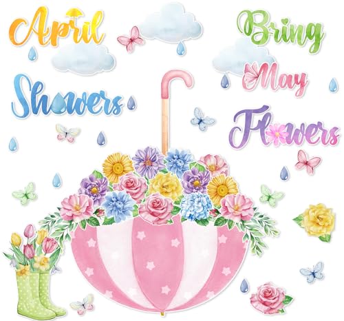 POSLIUE 66Pcs Multicolor Floral Spring Bulletin Board Decorations, 'April Showers Bring May Flowers' Theme, Cardboard Cutouts for Classroom, Party Supplies