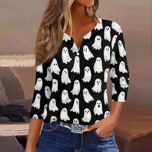 Halloween Shirt for Women V Neck Button Up 3/4 Sleeve Party Tops — view 3