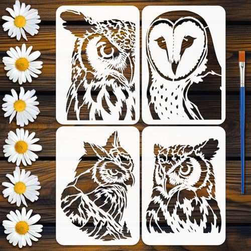 FINGERINSPIRE 4 Pcs Pochoirs Hibou Avec 1 Pinceau 21x29.7cm Pochoirs Tête de Hibou Pochoir Oiseau Réutilisable Template Thème Animaux pour Peinture sur Bois...