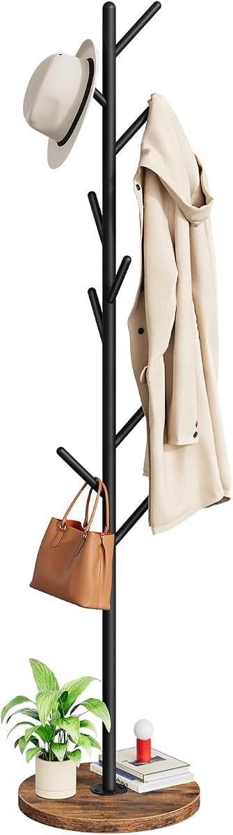 Coat Rack Stand with 9 Hooks, Metal Freestanding Coat Tree with Wooden Base, Heavy Duty Hall Tree for Entryway, Space Saving Coat Hanger Stand with Thickened Base, Rustic Brown BF11YM01