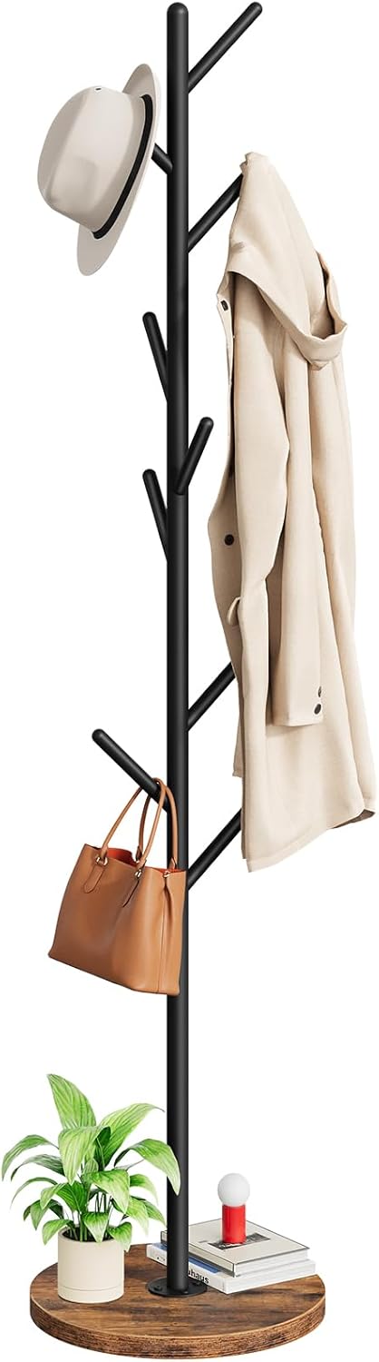 HOOBRO Coat Rack Stand with 9 Hooks, Metal Freestanding Coat Tree with Wooden Base, Heavy Duty Hall Tree for Entryway, Space Saving Coat Hanger Stand with Thickened Base, Rustic Brown BF11YM01