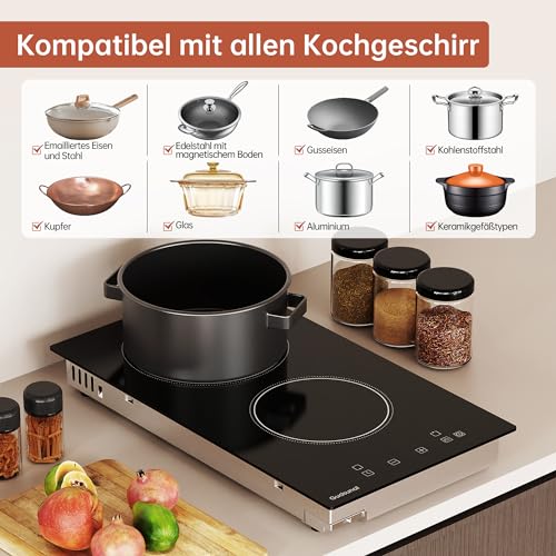 Gudsunal Domino Kochfeld, 2-Platten Glaskeramikkochfeld mit Stecker, 3000W, 9 Heizstufen, 1-99 Minuten Timer, Touch-Steuerung, Automatische Abschaltung, Kindersicherung,Mattschwarz