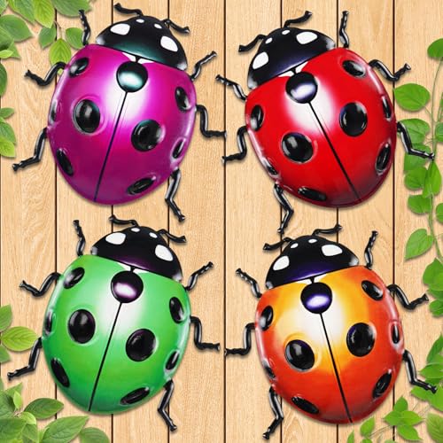 Giyiprpi 4 PCS Cute Metal Ladybugs Wall Art Decor, 6.3 Inch Large Outdoor Wall Art Patio Fence Decorations, Colorful Yard Art Lawn Ornaments for Backyard Balcony