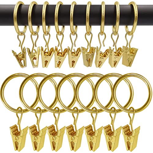 Image of WeeksEight 100 Pack Gold Curtain Rings with Clips, Curtain Hooks Hangers Clip Rings for Hanging Drapes Bows Hat, Drapery Rings 1 in I D, Fits up to 5/8 in Diameter Curtain Rod.