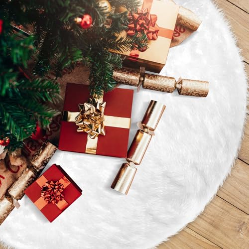 JOLIGAEA Faldas de Árbol de Navidad, 90cm Piel Sintética Falda Arbol de Navidad, Blanco de Navidad Falda, Alfombra de Arbol de Navidad, Christmas Tree Skirt para Feliz Fiesta de Navidad Decoración