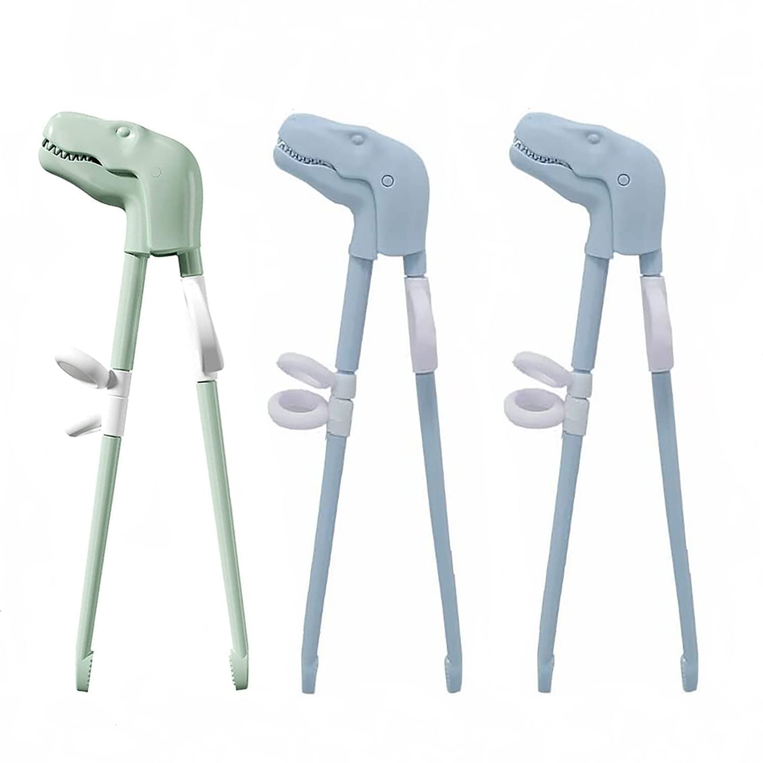 Baguettes d'apprentissage dinosaure pour enfants, lot de 2 paires réutilisables vert et bleu
