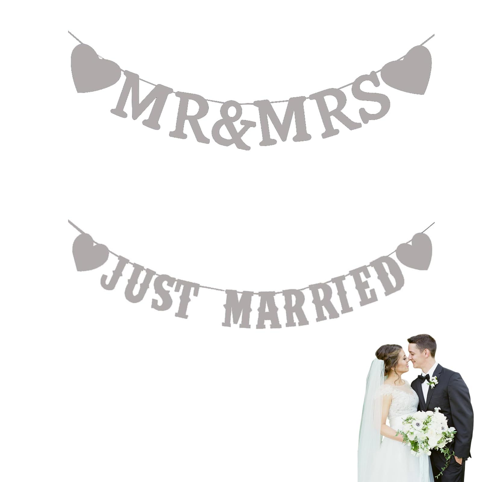 2-Piece Just Married Banner Set - White Wedding Decorations Set, White Bunting Garland for Wedding Decorations, Reception and Engagement Party, Bridal Shower Party Decor