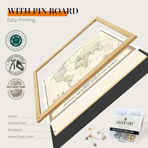 Image of DECORARTS - Oversized Personalized World Travel Map with Pins, Custom Name, Pin Board Canvas Wall Art, Colorful World Decor, Optional Wood Frame, Giclee Print, Handcrafted in USA, 40x30''