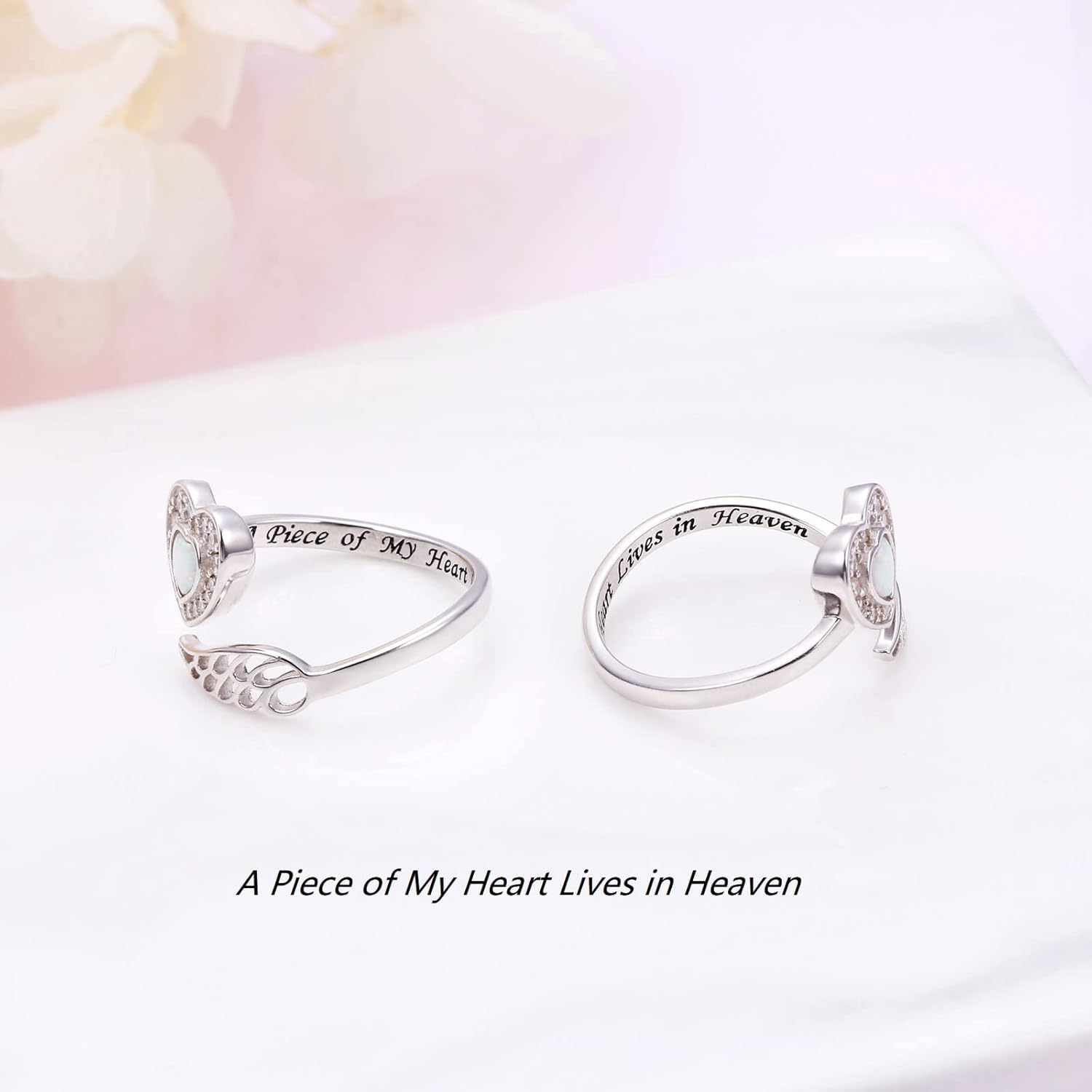 925 Sterling Silver Angel Wing Ring for Women Girls Memorial Jewelry Love Engraved Message Wrap Open Ring Lap Opal Heart Rings Adjustable Size - Image 5