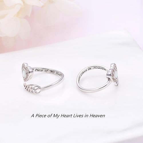 Miniatura 5 de 925 Sterling Silver Angel Wing Ring for Women Girls Memorial Jewelry Love Engraved Message Wrap Open Ring Lap Opal Heart Rings Adjustable Size