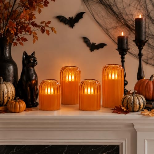 Image of Lezonic Orange Glass Flameless Candles with Remote & Timer, Set of 4 Real Wax LED Pillar Candles with Dancing Flickering Flame, 3 inch x 4 inch /5 inch, Fall Halloween Thanksgiving Christmas Decorations